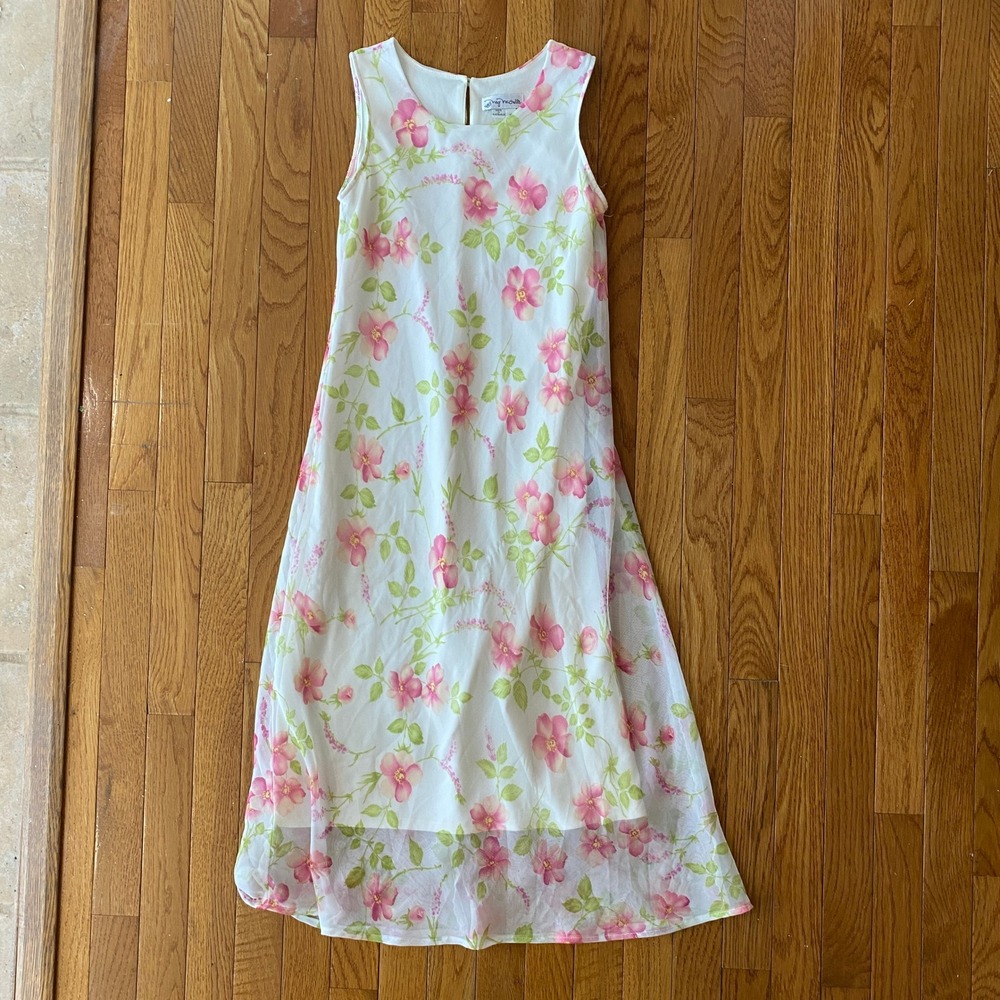 Vintage 90s My Michelle White Pink Floral Midi Dress Sheer Hem Coquette Y2K - Picture 7 of 12